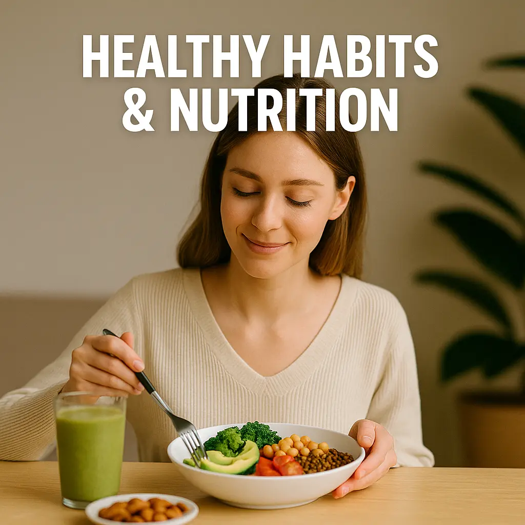 Woman enjoying a colorful healthy meal with avocado and smoothie – Healthy Habits and Nutrition category on Ritoza.com